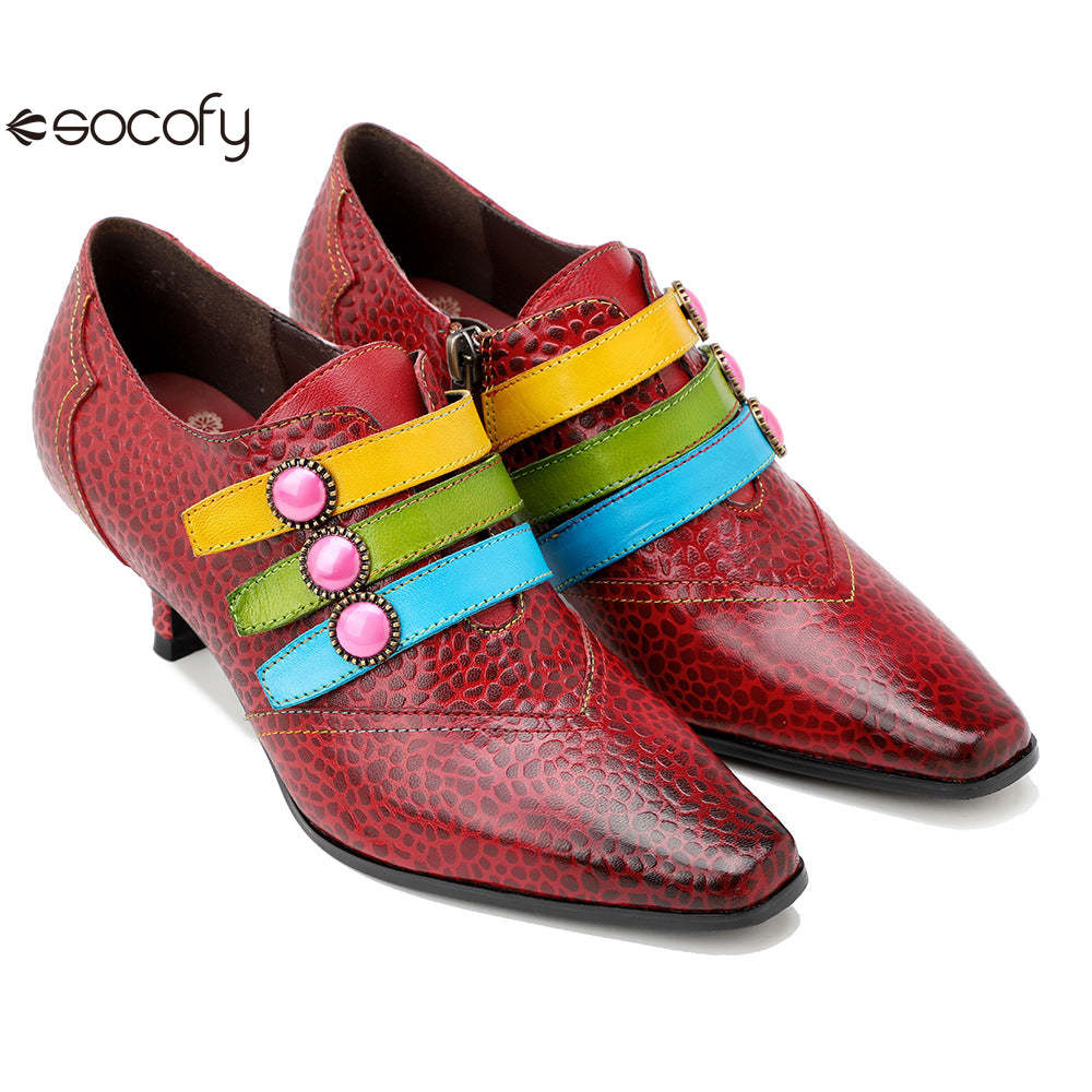 Socofy Red Leather Vintage Buckle High Heels Women's Shoes