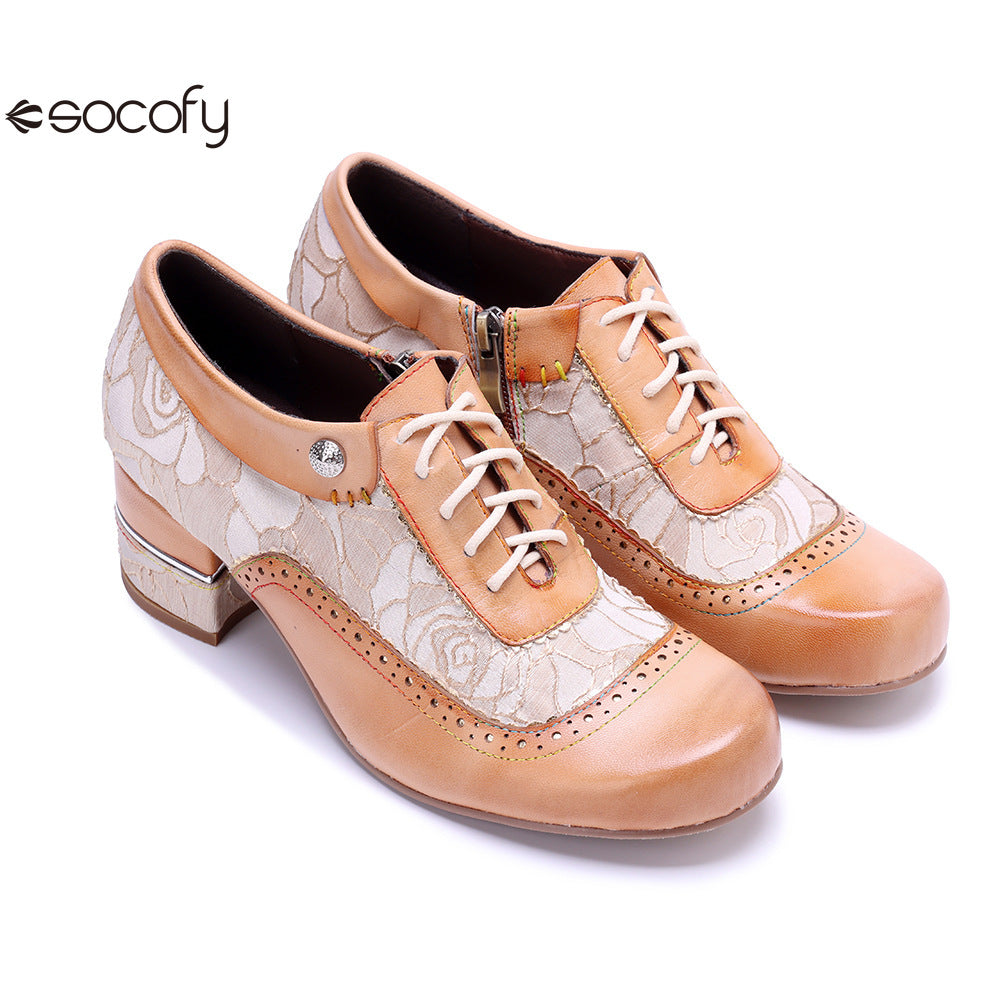 Socofy Genuine leather beige vintage brogue tassel side zipper pumps