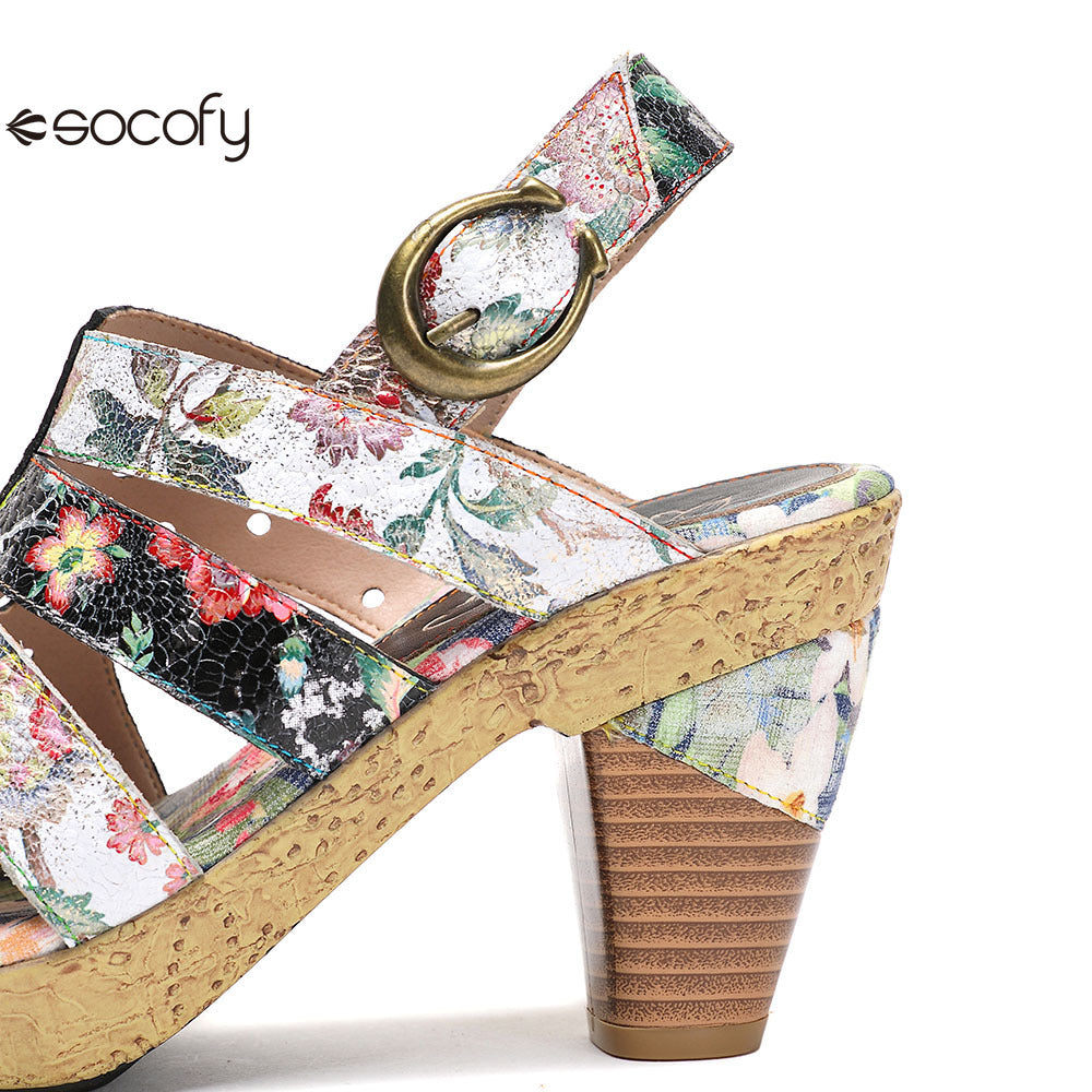 Socofy Vicconfy Leather Floral Heeled Black Sandals