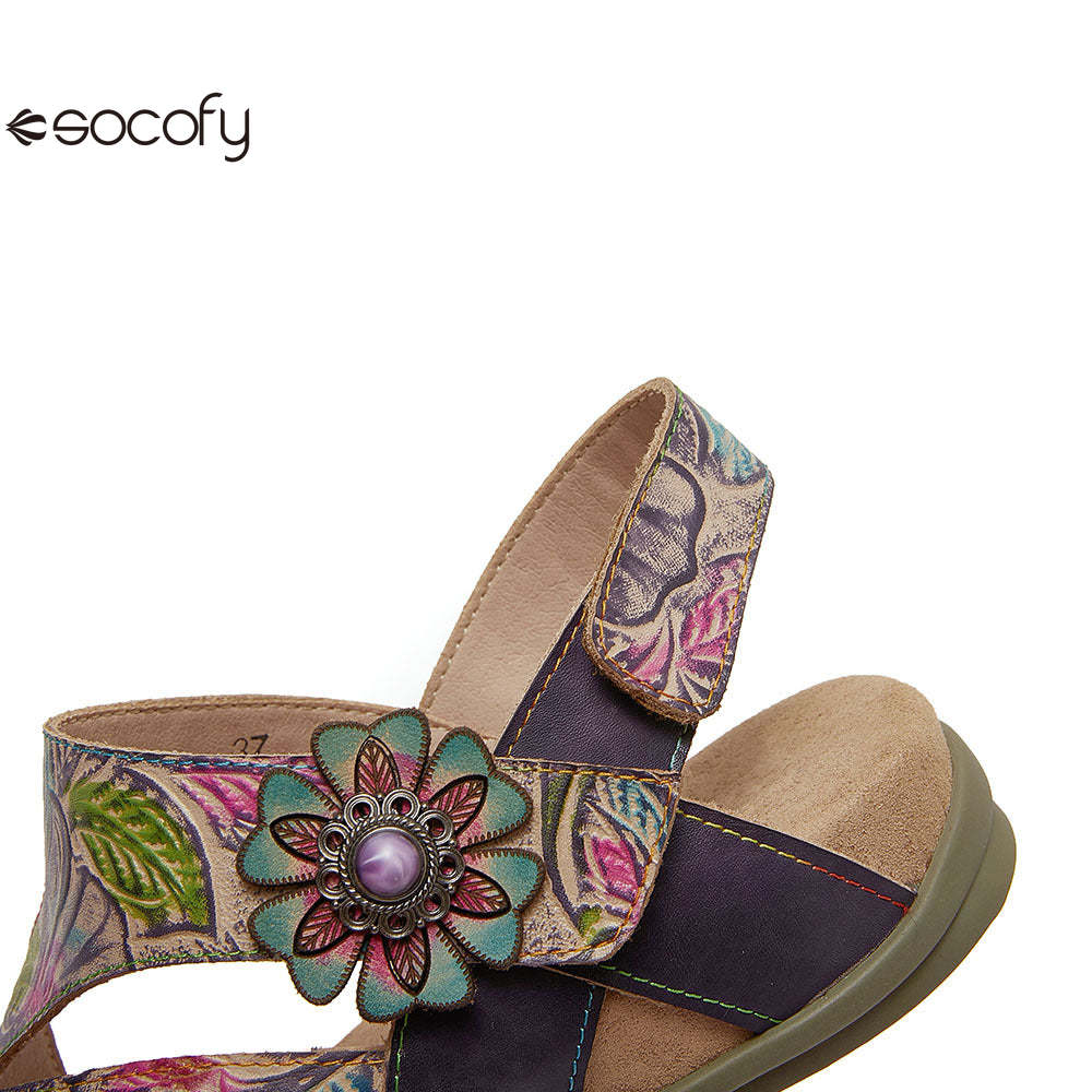 Socofy Bohemian retro first-layer cowhide flower-embellished women's sandals