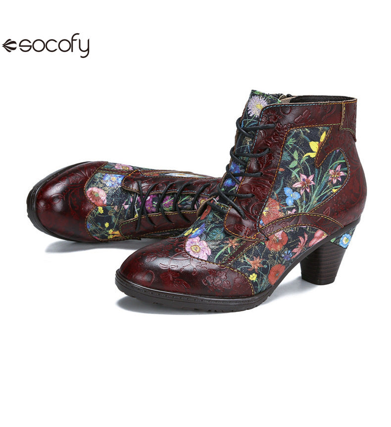 Socofy Vicconfy Vintage Floral Cowhide Ethnic Women's Leather Boots