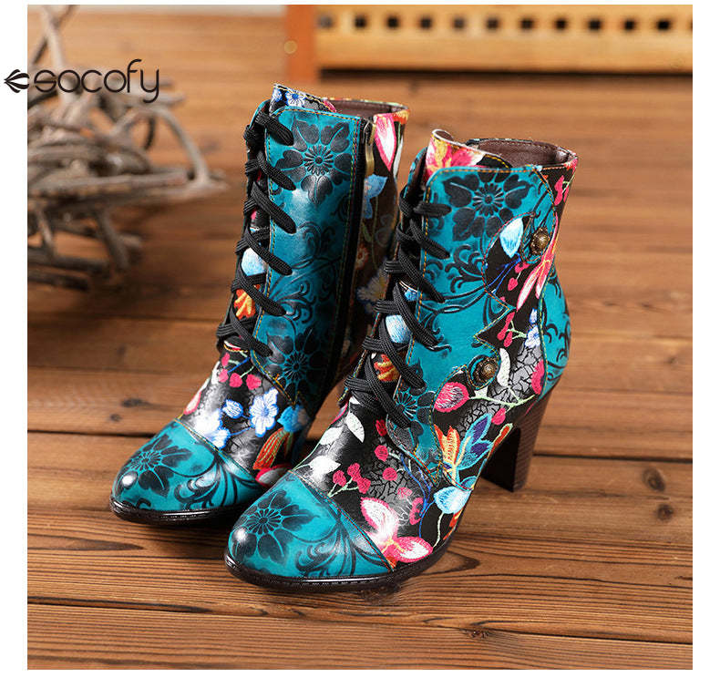 Socofy Vicconfy Ethnic Cowhide Handmade Vintage Flower High Heel Women's Boots