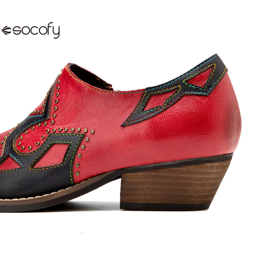 Socofy Genuine Leather Retro Round Rivet Deco Shallow Flat Shoes