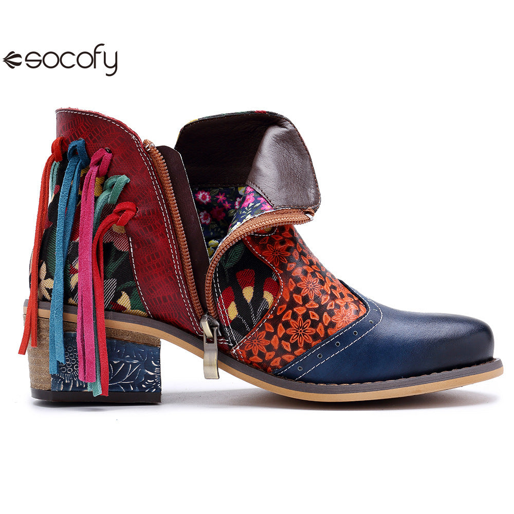 Socofy Vicconfy Leather Printed Fringe Cowboy Boots