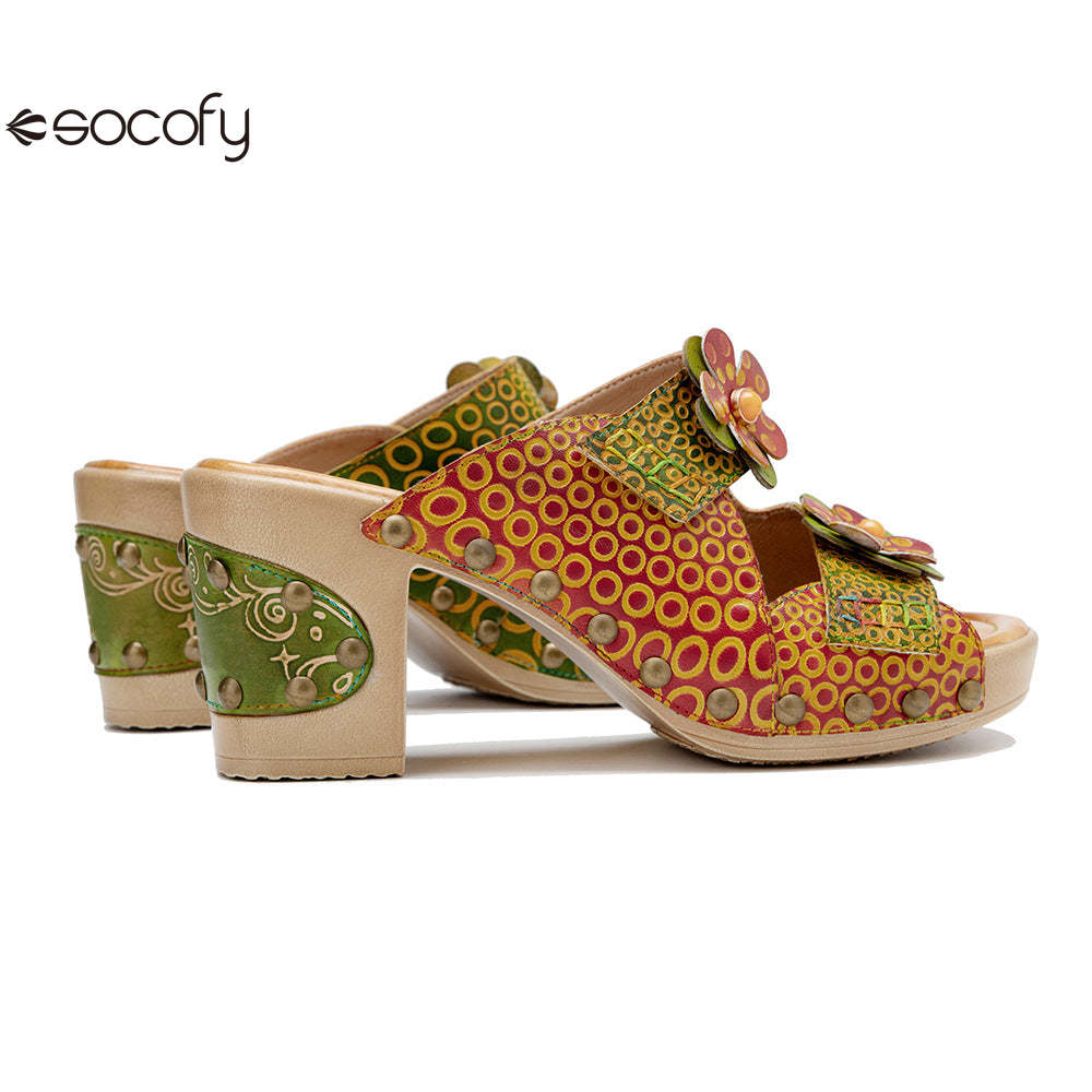 Socofy Spring and summer genuine leather retro flower comfortable thick heel high heel sandals