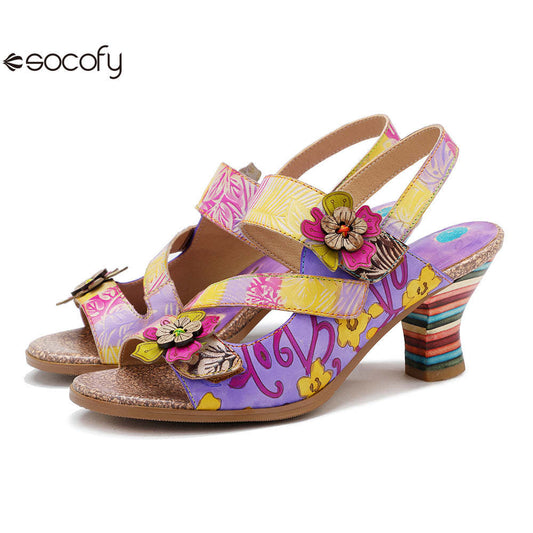 Socofy new summer style genuine leather retro three-dimensional flower rainbow and wine glass sandals for women 1000