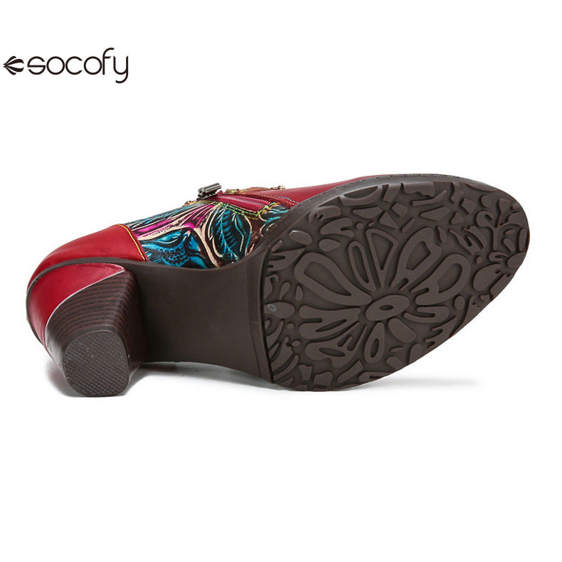 Socofy Vicconfy Genuine Leather Flower Buckle Side Zipper Pumps