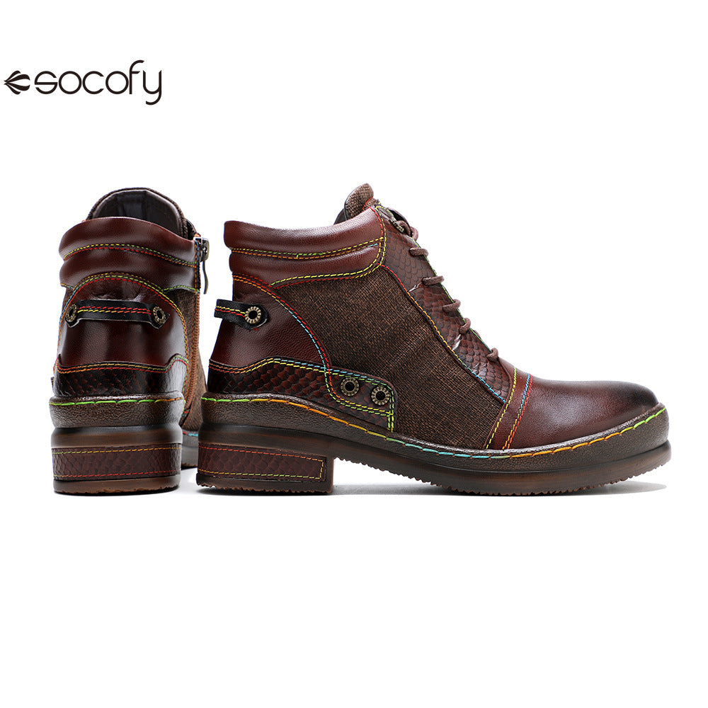 Socofy Vicconfy Genuine leather lace-up vintage biker boots