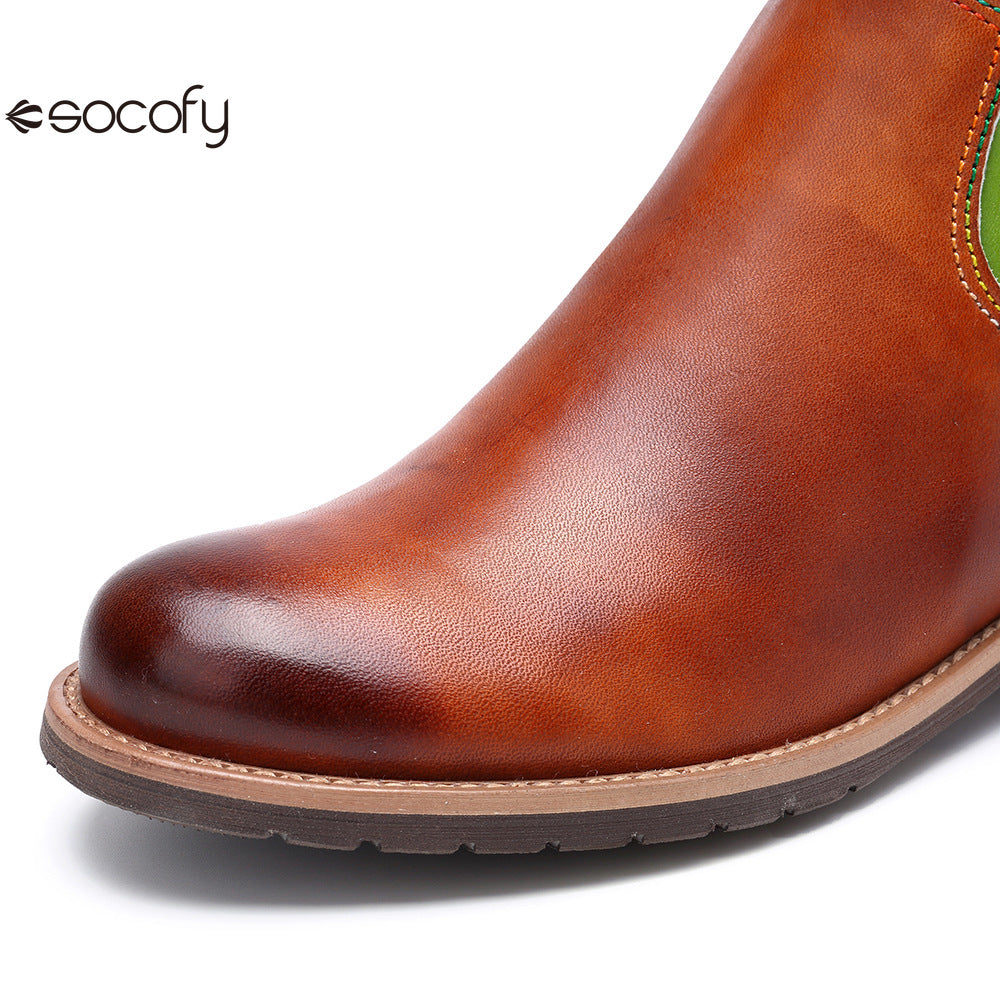 Socofy Vicconfy Genuine Leather Vintage Patchwork Long Warm Boots