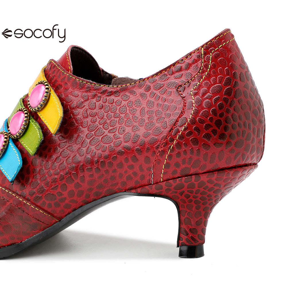 Socofy Red Leather Vintage Buckle High Heels Women's Shoes