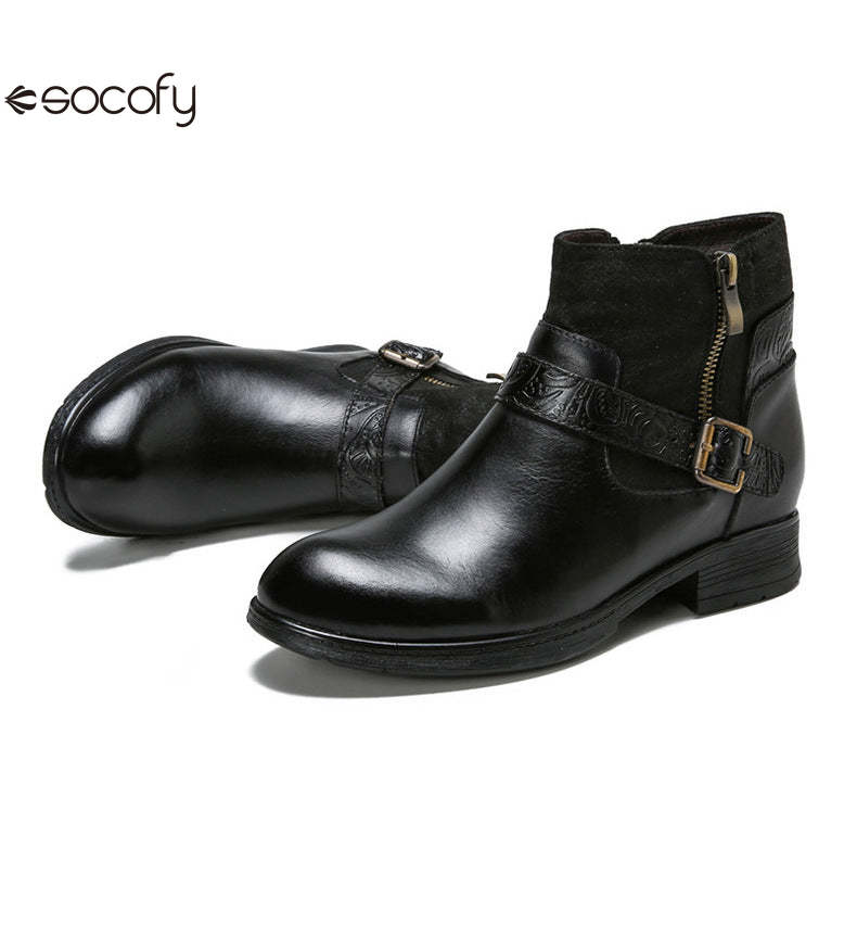 Socofy Vicconfy Women's Round Toe Cowhide Ethnic Leather Boots Fashion Boots