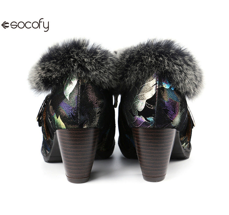 Socofy Vicconfy Genuine Leather Vintage Genuine Wool Patchwork Vintage Illusion Pumps