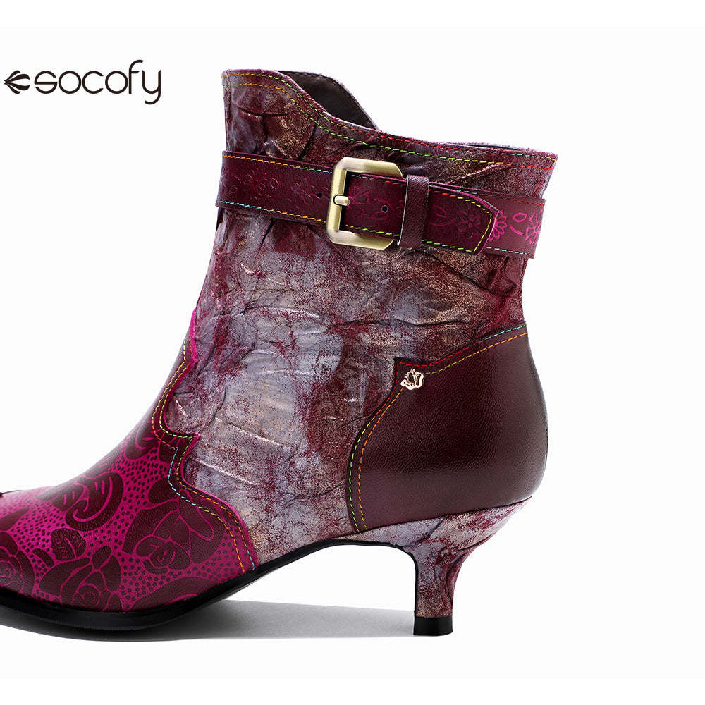 Socofy Leather Printed Patchwork Belt Buckle Slim Heel Women's Boots