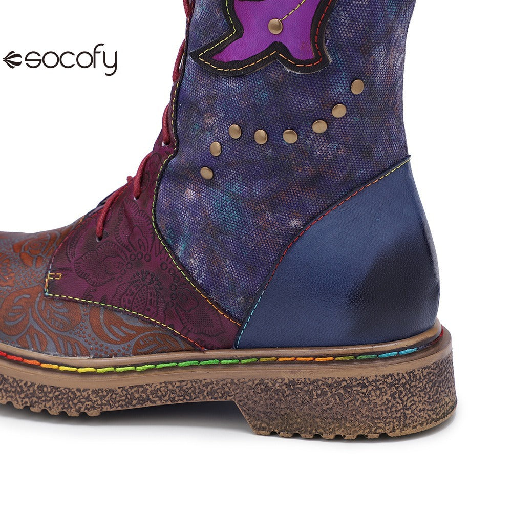 Socofy Vicconfy Locomotive Texture Dark Flower Women's Boots Flat Women's Boots