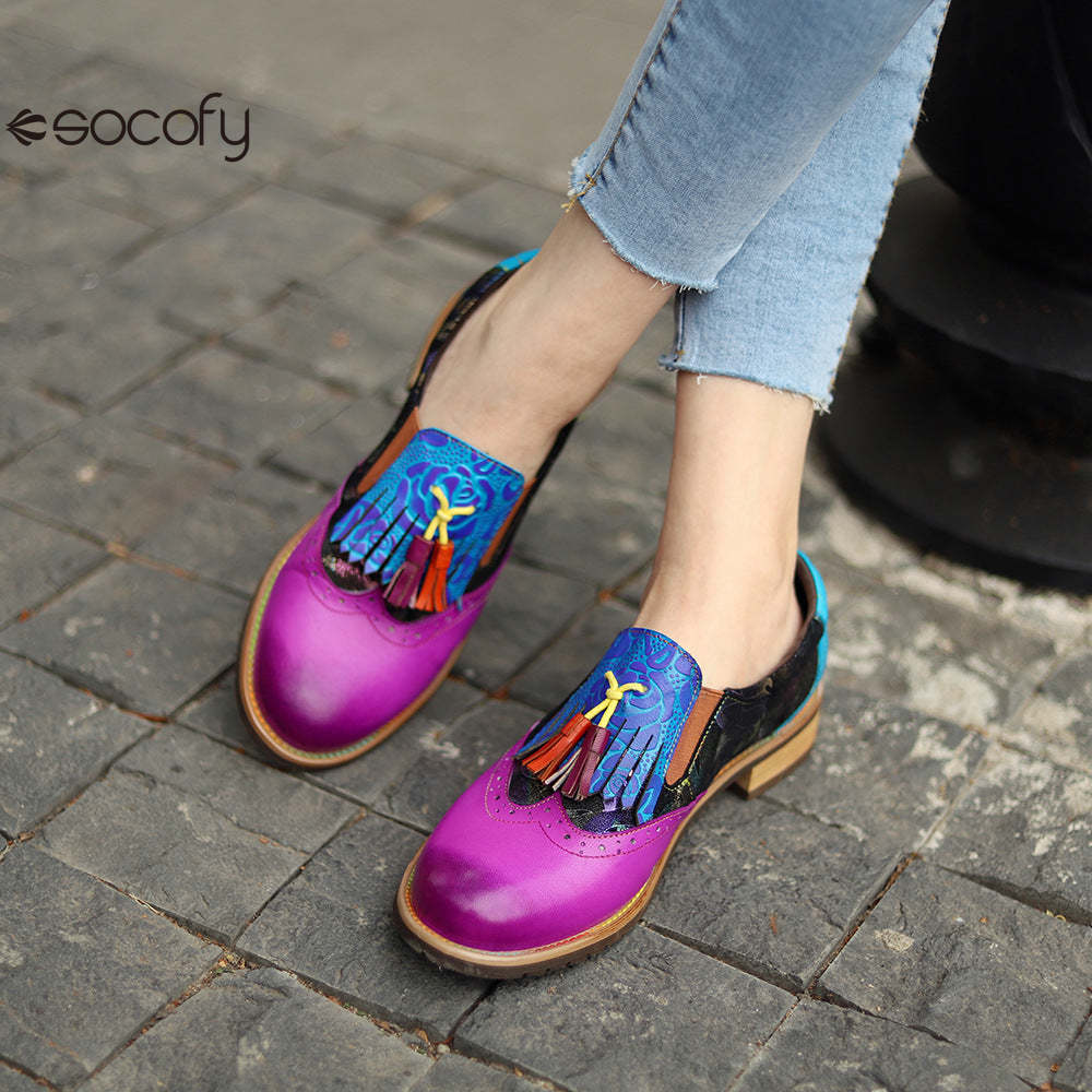 Socofy retro tassel Deco leather women's flat shoes