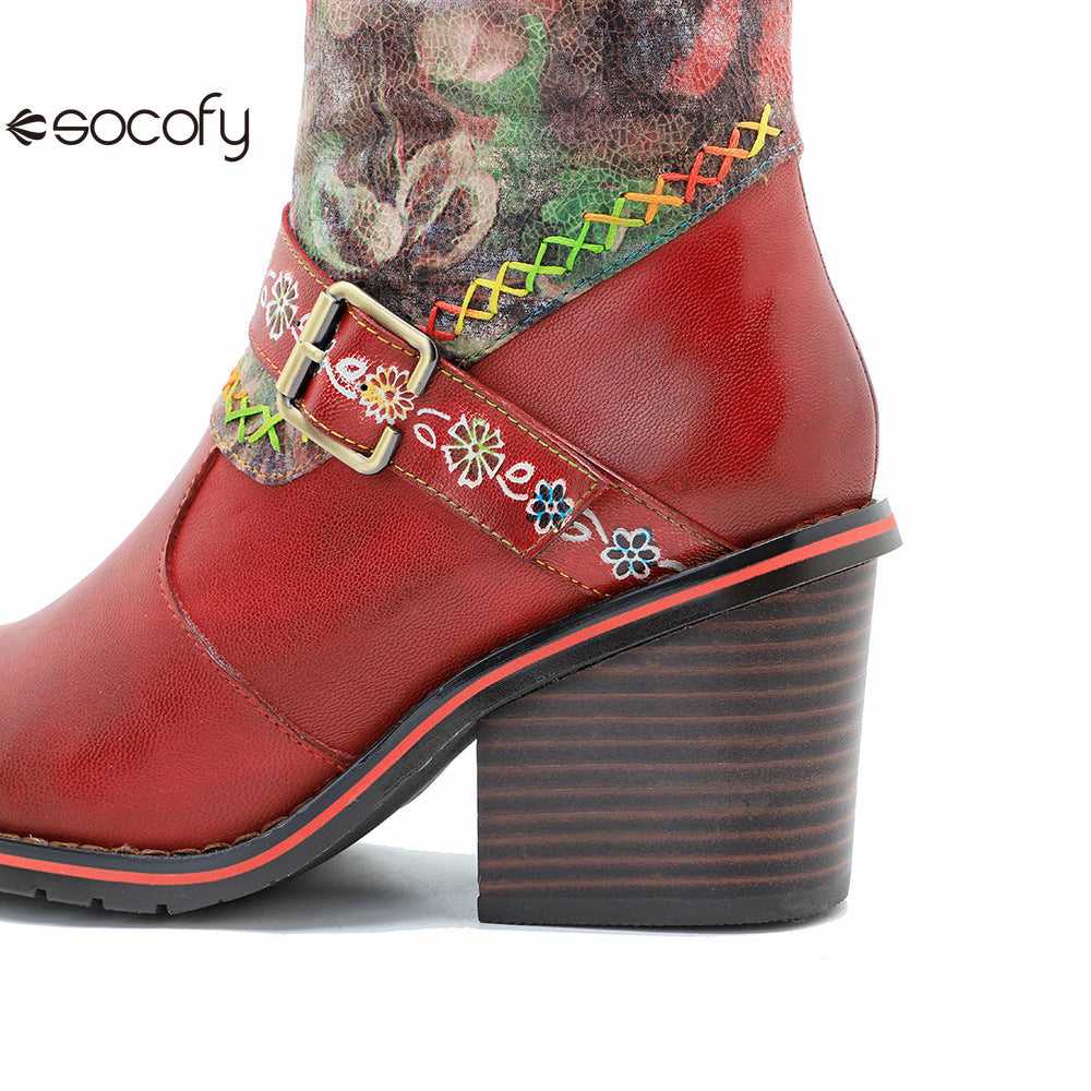 Socofy Vicconfy Handmade Color Rubbed Leather Printed Belt Buckle Chunky Heel Women's Boots