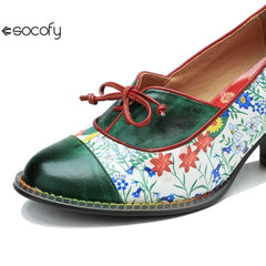 Socofy Vintage Printed Genuine Leather Block Mid Heel Ankle Hook Loop Pumps