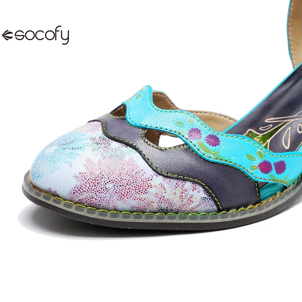 Socofy Spring Summer Mid Heeled Genuine Leather Hand-painted Retro Contrast Round Toe Sandals