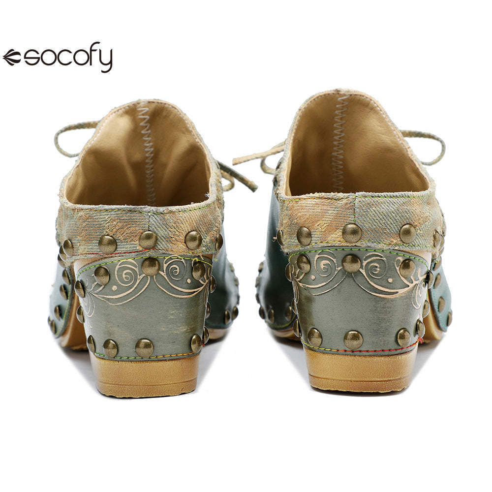 Socofy Leather Retro Street Style Rivet Chunky Heeled High Heels