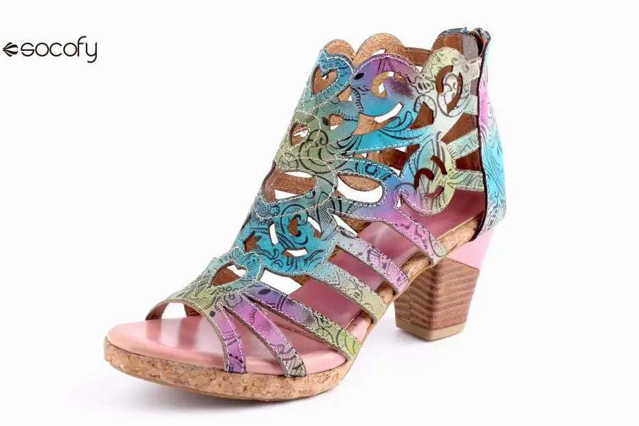 Socofy Genuine Leather Hand-painted Retro Sewing Zip Casual Handmade Sandals