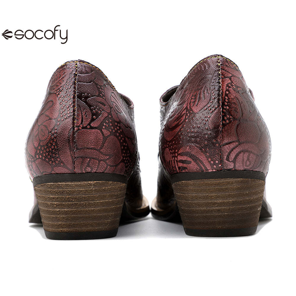 Socofy leather retro British style dark flower texture women's thick heel flat shoes