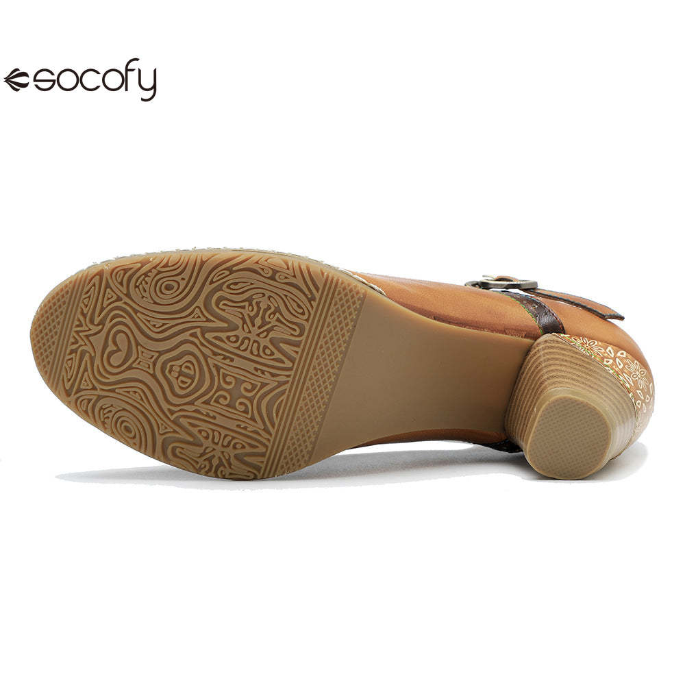 Socofy spring genuine leather retro Mary Jane high-heeled shoes