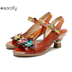 Socofy Summer Genuine Leather Hollow Three-dimensional Flower Comfortable Women's High Heels