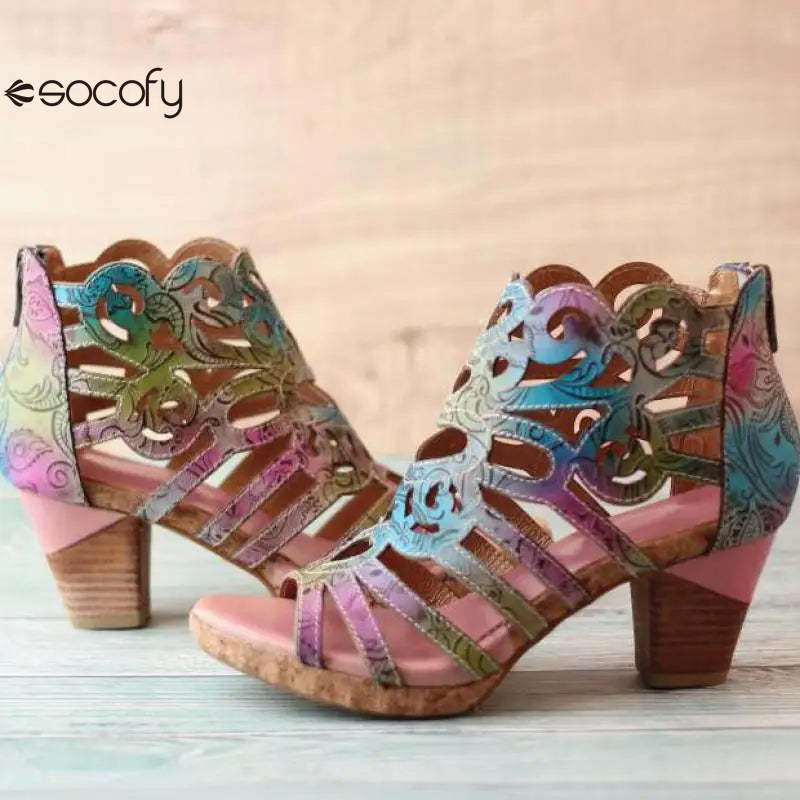 Socofy Genuine Leather Hand-painted Retro Sewing Zip Casual Handmade Sandals