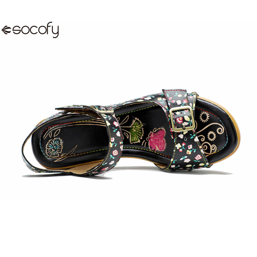 Socofy Leather Vintage Floral American Rustic Heeled Sandals