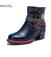 Socofy Vicconfy Genuine Leather Cubic Embossed Romantic Vintage Floral Heeled Ankle Boots