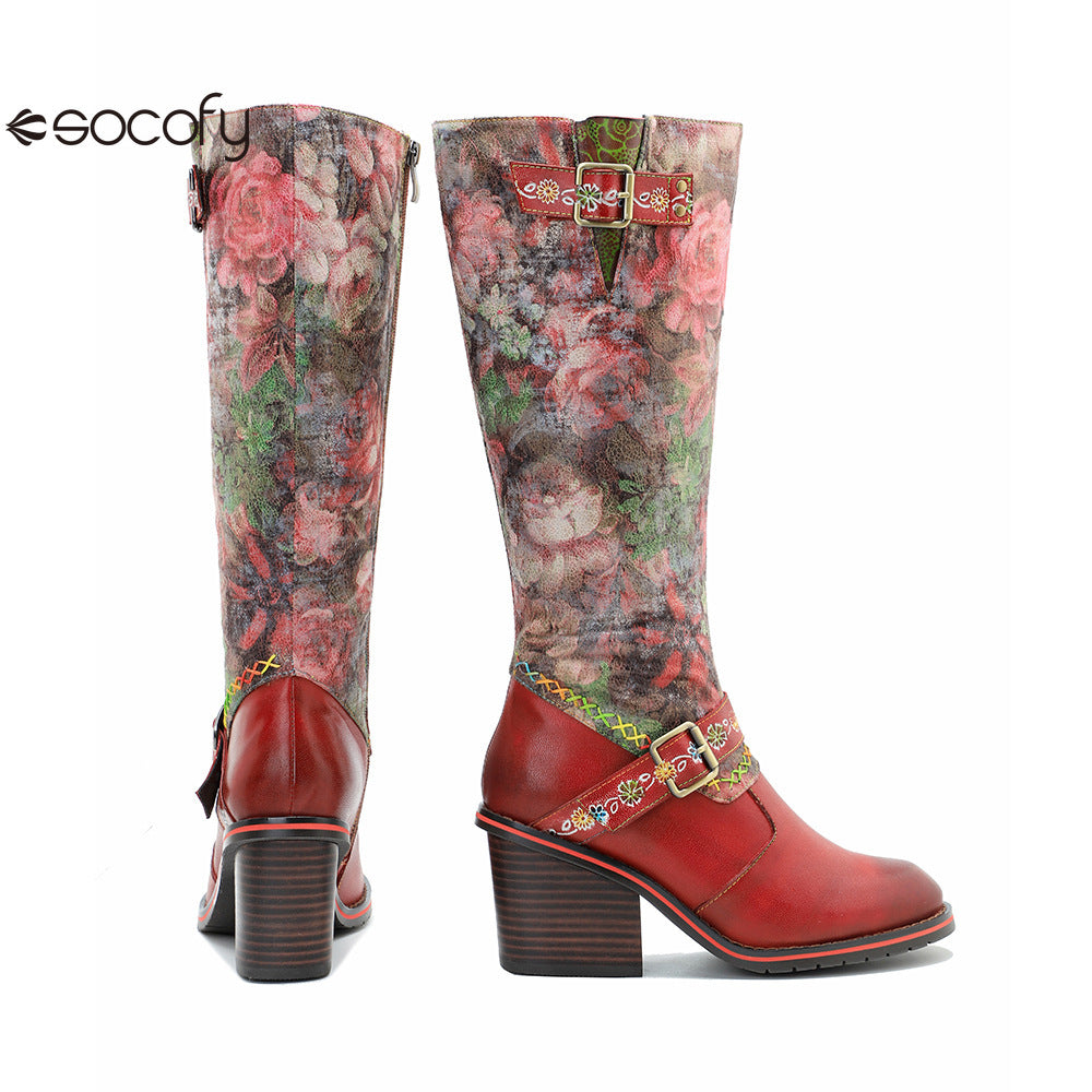 Socofy Vicconfy Handmade Color Rubbed Leather Printed Belt Buckle Chunky Heel Women's Boots