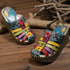 Socofy Genuine Leather National Style Hand-painted Outside Summer Flower Wedges Slides Slippers