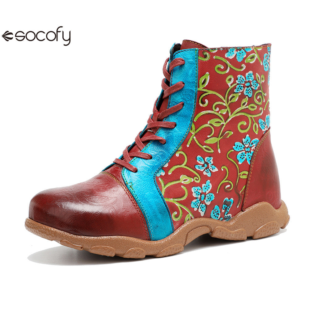 Socofy Vicconfy Handmade Leather Print Ankle Boots