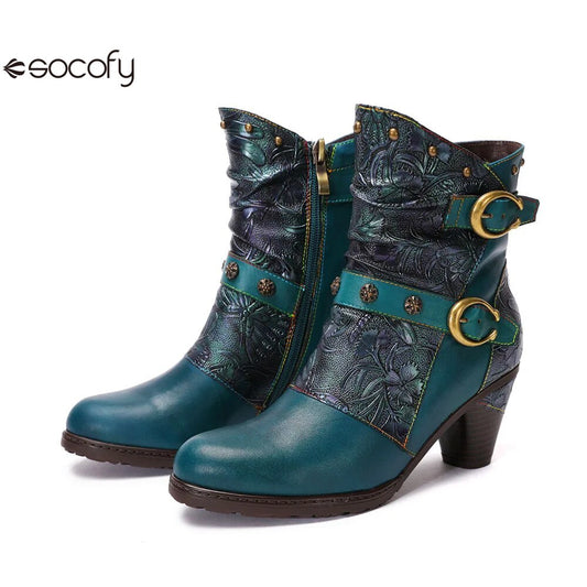 SOCOFY  Genuine Leather Retro Handmade Embossed Fashion Zip Winter Short Boots 1000