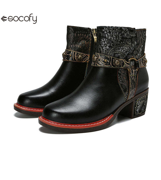 Socofy Vicconfy Ethnic Women's Leather Boots Side Zipper Fashion Boots 790