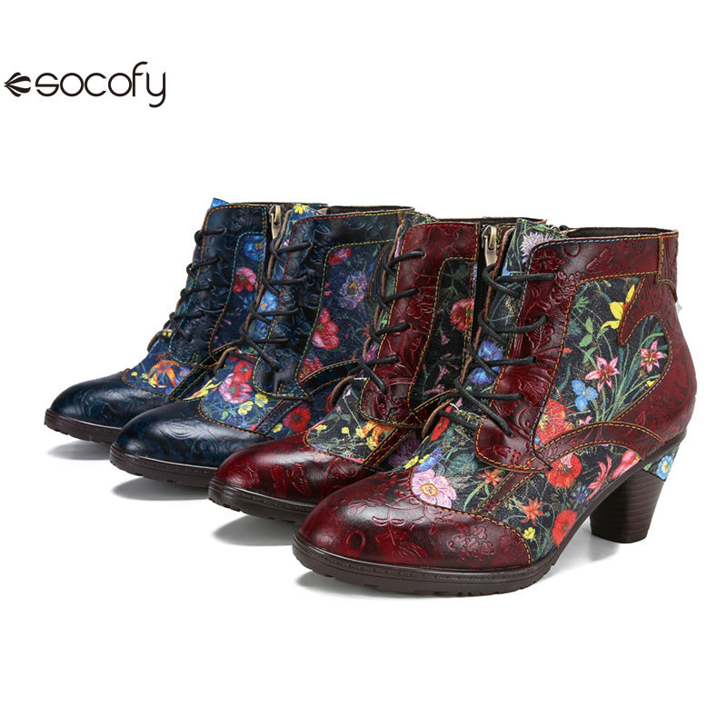 Socofy Vicconfy Vintage Floral Cowhide Ethnic Women's Leather Boots