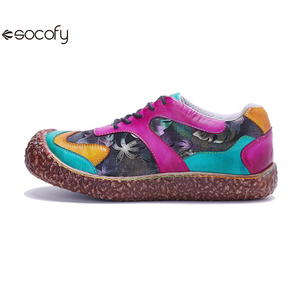 Socofy Vicconfy Genuine Leather Retro Lace Up Comfortable Casual Women's Shoes