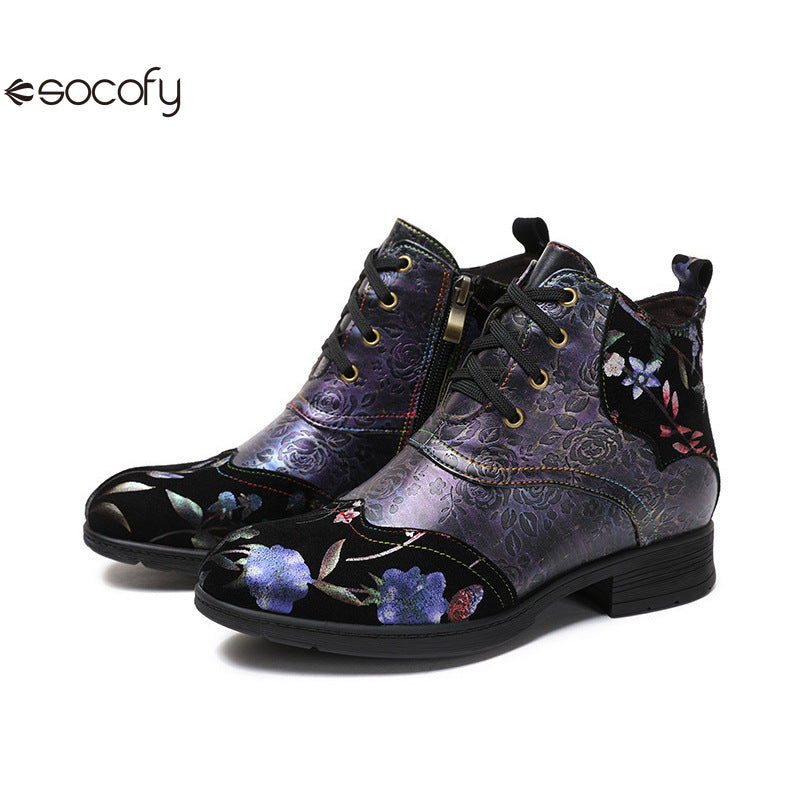 Socofy Vicconfy Genuine Leather Ethnic Illusion Blue Purple Vintage Ankle Boots