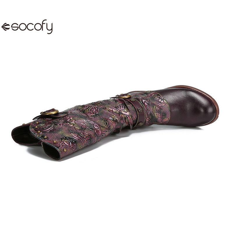 Socofy Vicconfy Side Zipper Vintage Floral Flat Heel Long Boots