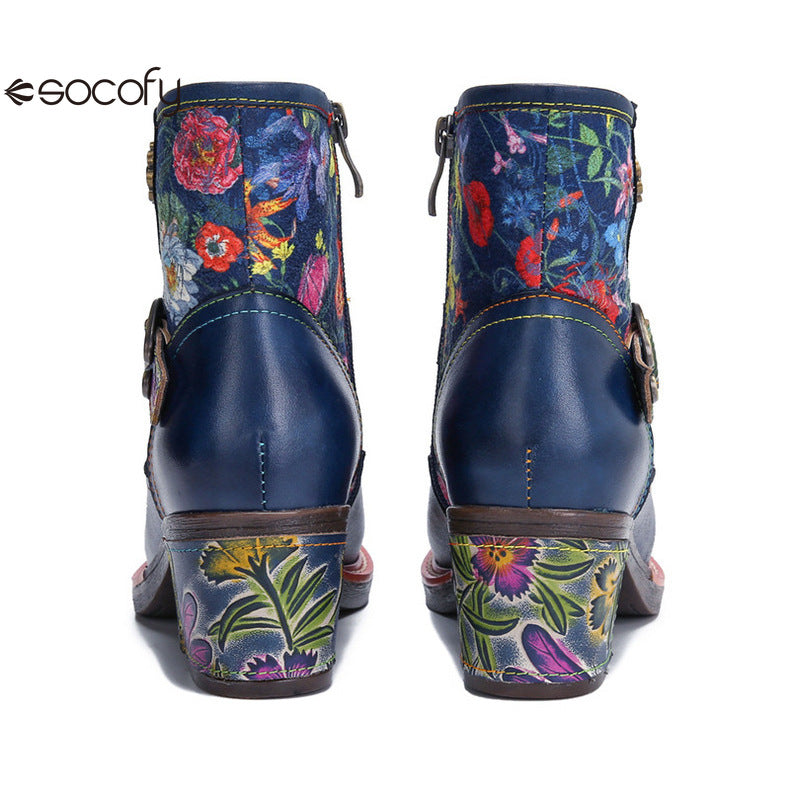 Socofy Vicconfy Genuine Leather Cubic Embossed Romantic Vintage Floral Heeled Ankle Boots