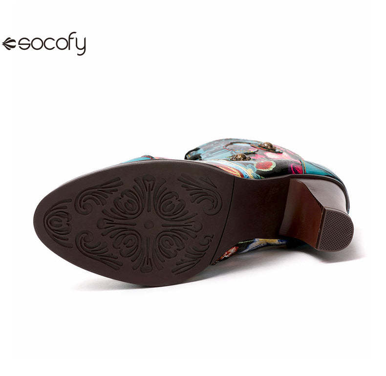 Socofy Vicconfy Ethnic Cowhide Handmade Vintage Flower High Heel Women's Boots