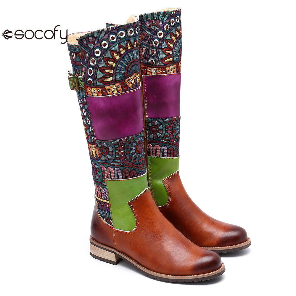 Socofy Vicconfy Genuine Leather Vintage Patchwork Long Warm Boots