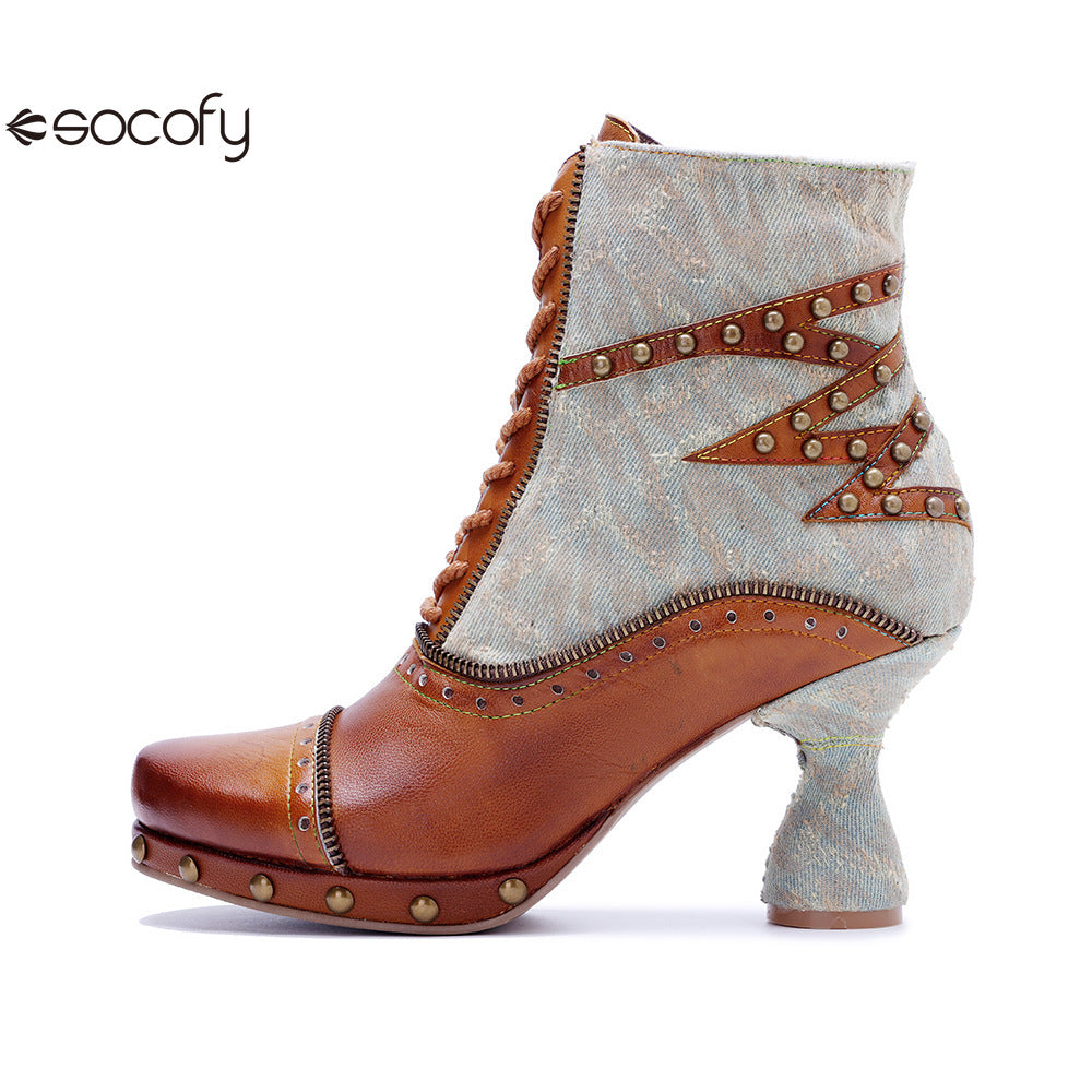 Socofy Vicconfy Retro Handmade Pachwork Fashionable Ankle Boots