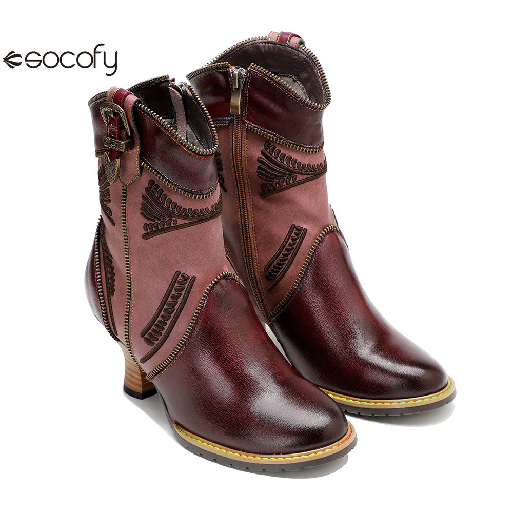 Socofy Vicconfy Leather Electric Embroidered Zipper Ankle Boots