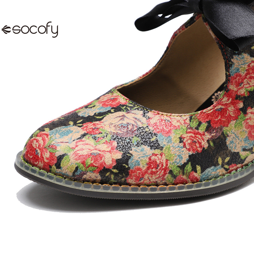 Socofy Vintage Rustic Broken Flower Strappy Bow High Heels