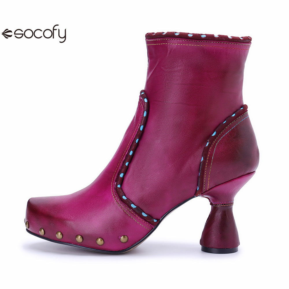 Socofy Vicconfy Handmade Leather Chic Color Ankle Boots