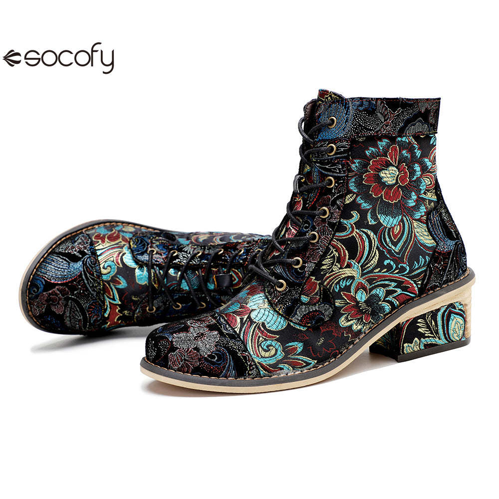 Socofy Vicconfy Vintage Printed Embroidered Casual Women's Boots