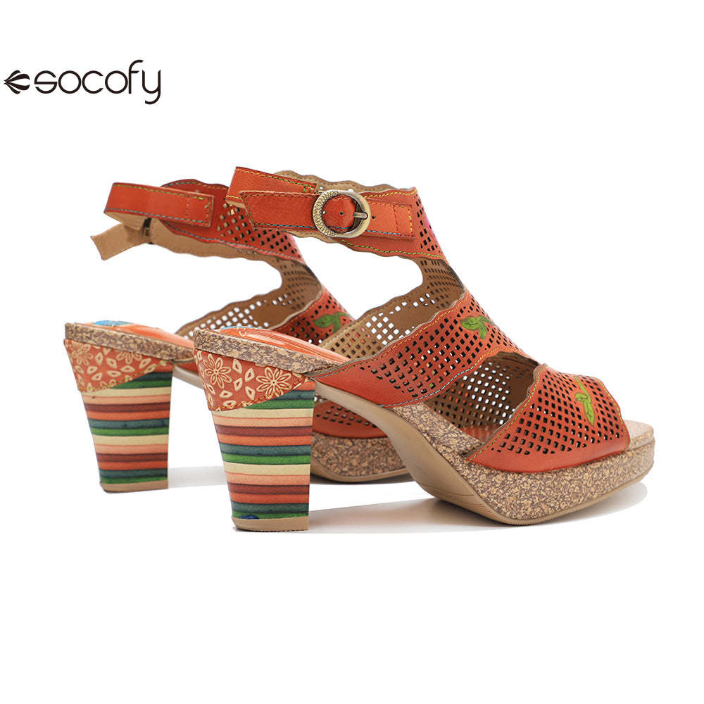 Socofy new retro genuine leather hollow color layer leather high heel sandals