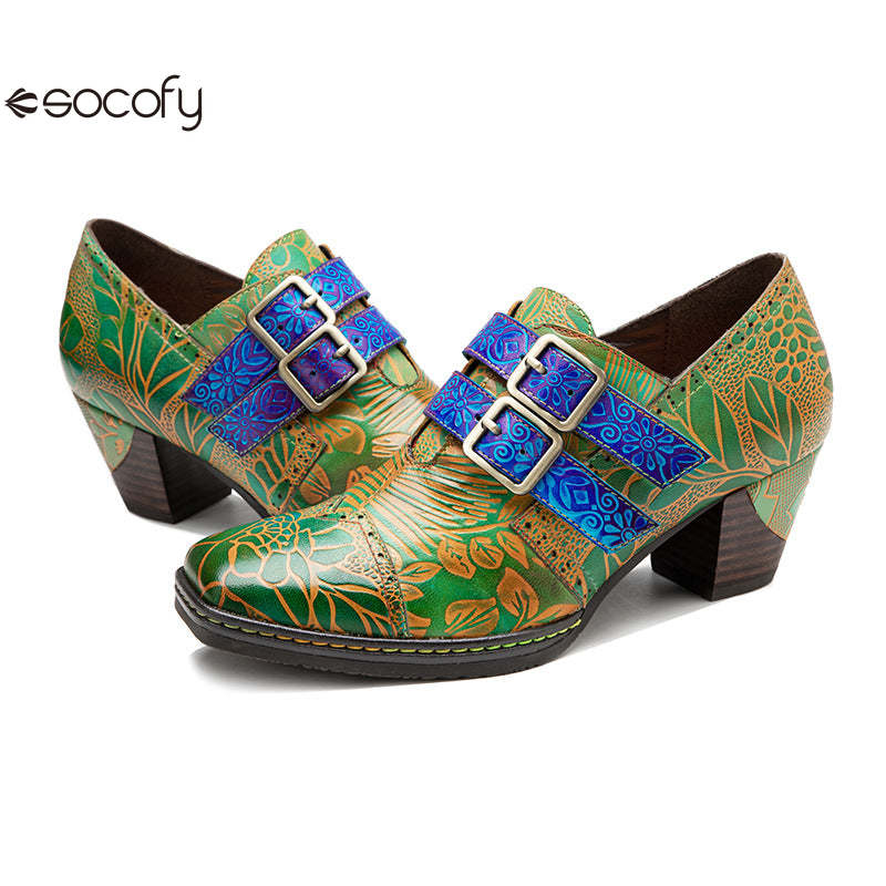 Socofy genuine leather green printed pastoral style retro thick heel women's high heels