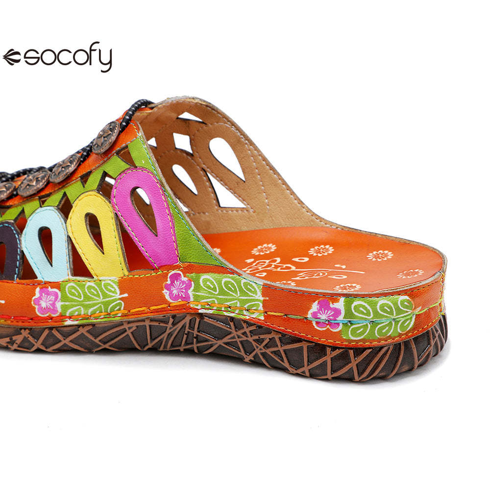 Socofy Summer Leather Hollow Out Buckle Comfortable Flat Women's Slippers